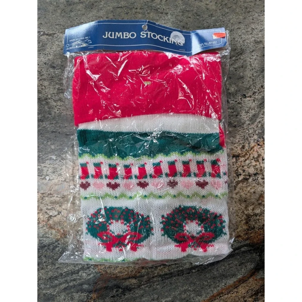New Vintage House Of Lloyd Jumbo Knit Christmas Stocking  Wreath Heart Rare Larg